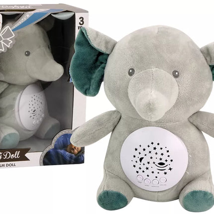 Meškiukas drambliukas su miego melodijomis, šviesos žvaigždžių projektorius, pilkas