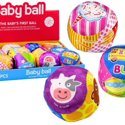 Minkštas kamuolys su barškučiu, spalvingas kamuolys, gyvūnai, vaisiai, 10 cm MIX