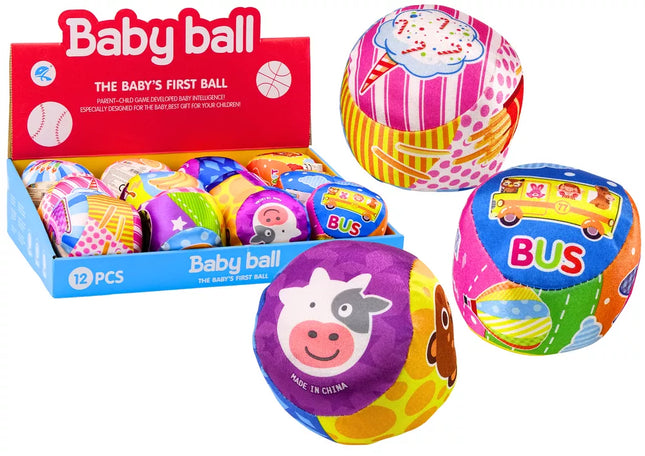 Minkštas kamuolys su barškučiu, spalvingas kamuolys, gyvūnai, vaisiai, 10 cm MIX