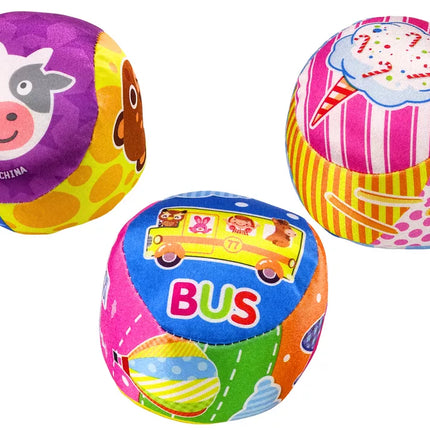 Minkštas kamuolys su barškučiu, spalvingas kamuolys, gyvūnai, vaisiai, 10 cm MIX