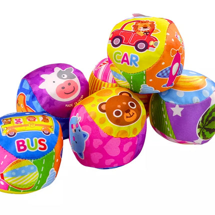 Minkštas kamuolys su barškučiu, spalvingas kamuolys, gyvūnai, vaisiai, 10 cm MIX