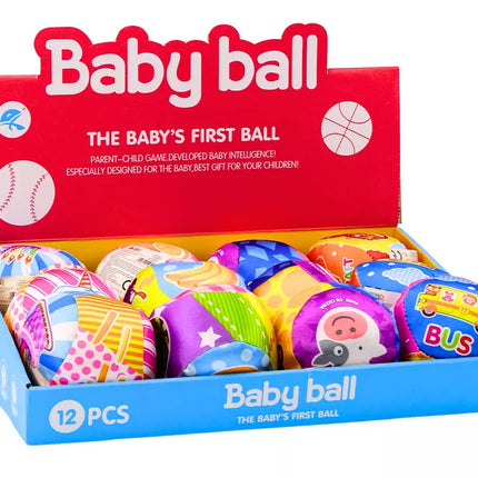 Minkštas kamuolys su barškučiu, spalvingas kamuolys, gyvūnai, vaisiai, 10 cm MIX