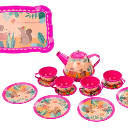 Kavos arbatos rinkinys Puodeliai Virdulys Padėklas Rožinė kavinė 15 vnt.