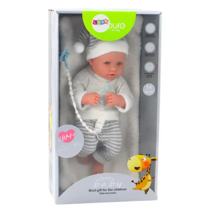 Lėlė su baltais ir pilkais dryžuotais drabužiais, kepure, čiulptuku, antklode