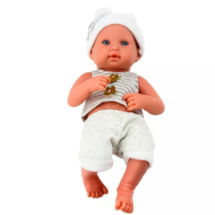 Lėlė su baltais ir pilkais drabužiais, kepure, čiulptuku ir antklode