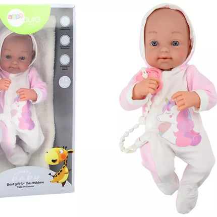 Lėlė su čiulptuku, vienaragio kostiumėliu, rožiniu pleduku ir priedais, 35 cm