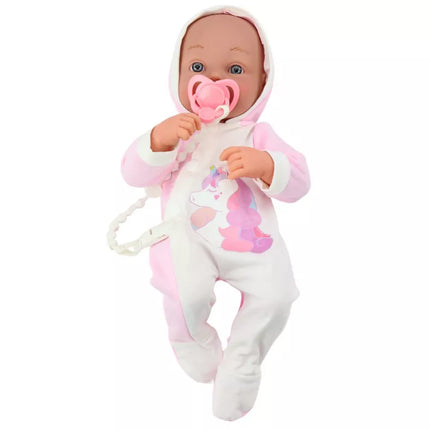 Lėlė su čiulptuku, vienaragio kostiumėliu, rožiniu pleduku ir priedais, 35 cm