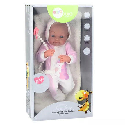 Lėlė su čiulptuku, vienaragio kostiumėliu, rožiniu pleduku ir priedais, 35 cm