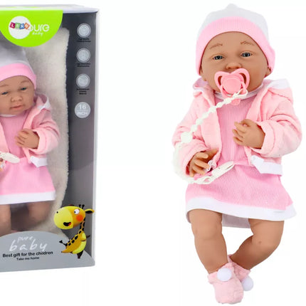 Lėlė su čiulptuku, rožine suknele, kepure, antklode ir priedais, 35 cm