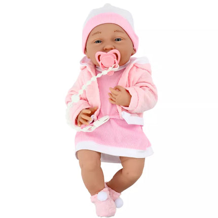 Lėlė su čiulptuku, rožine suknele, kepure, antklode ir priedais, 35 cm