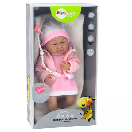 Lėlė su čiulptuku, rožine suknele, kepure, antklode ir priedais, 35 cm