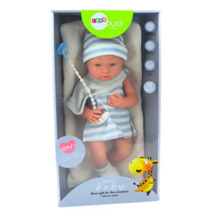 Lėlytė su mėlynais ir baltais drabužėliais, kepurėle, čiulptuku, seilinuku, antklode