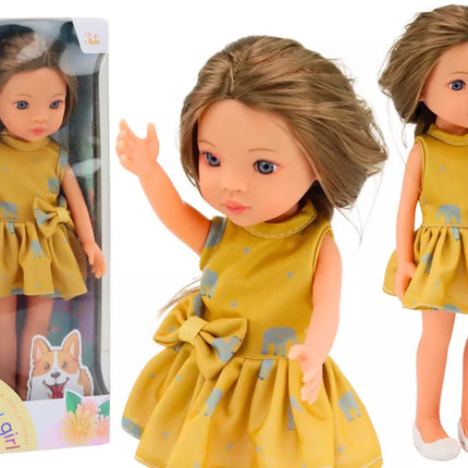 Lėlė su geltona suknele, rudais plaukais, didelė lėlė, 33 cm