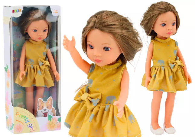 Lėlė su geltona suknele, rudais plaukais, didelė lėlė, 33 cm