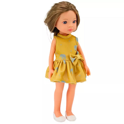 Lėlė su geltona suknele, rudais plaukais, didelė lėlė, 33 cm
