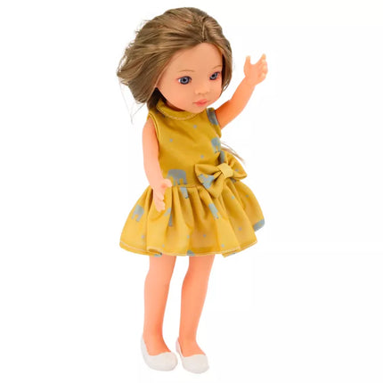 Lėlė su geltona suknele, rudais plaukais, didelė lėlė, 33 cm