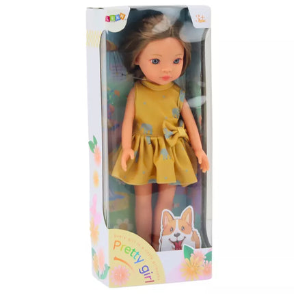 Lėlė su geltona suknele, rudais plaukais, didelė lėlė, 33 cm