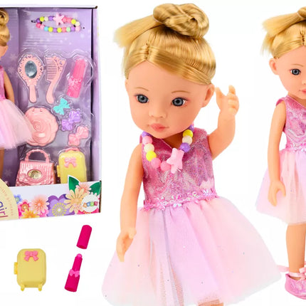 Baleto lėlė, rožiniai baleto reikmenys, suknelių rinkinys