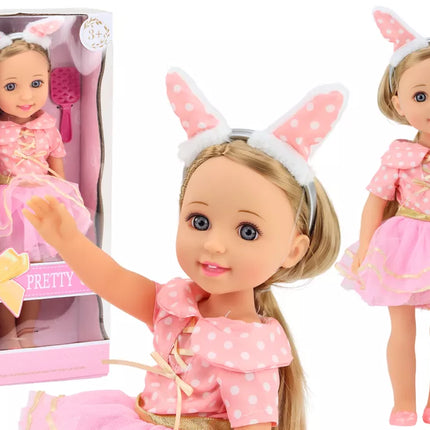 Lėlė rožine suknele ilgais plaukais, galvos juosta, šepetys, 38 cm