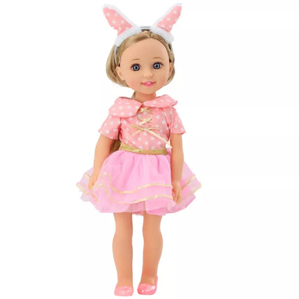 Lėlė rožine suknele ilgais plaukais, galvos juosta, šepetys, 38 cm