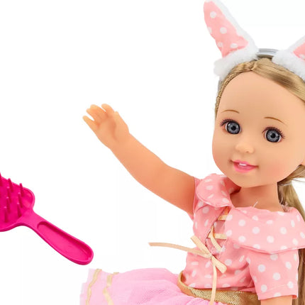 Lėlė rožine suknele ilgais plaukais, galvos juosta, šepetys, 38 cm