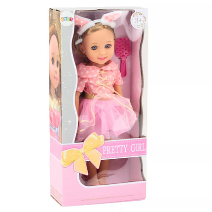 Lėlė rožine suknele ilgais plaukais, galvos juosta, šepetys, 38 cm