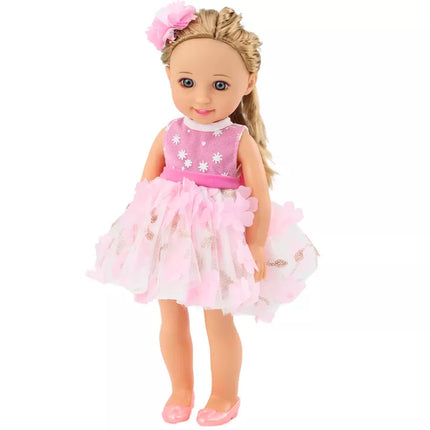 Lėlė rožine suknele, ilgais plaukais, plaukų segtukas, šepetys, 38 cm