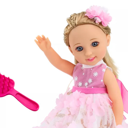 Lėlė rožine suknele, ilgais plaukais, plaukų segtukas, šepetys, 38 cm