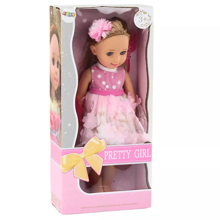 Lėlė rožine suknele, ilgais plaukais, plaukų segtukas, šepetys, 38 cm
