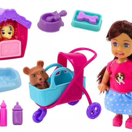 Lėlė su šunimis Šunų lėlių būda Priedai Rožinis šuniukas 16 vnt.