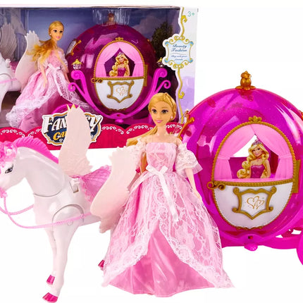 Lėlės karieta su arkliu, princesės karieta, rožinis Pegaso rinkinys