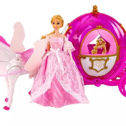 Lėlės karieta su arkliu, princesės karieta, rožinis Pegaso rinkinys