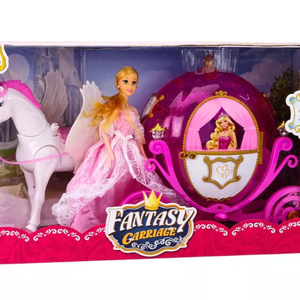 Lėlės karieta su arkliu, princesės karieta, rožinis Pegaso rinkinys