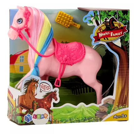 Figūrėlė arklys su spalvingais karčiais ir rožiniu šepečio balnu
