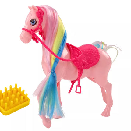 Figūrėlė arklys su spalvingais karčiais ir rožiniu šepečio balnu