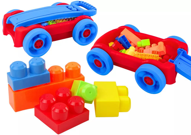 Kaladėlių rinkinys mėlyname ir raudoname vežimėlyje