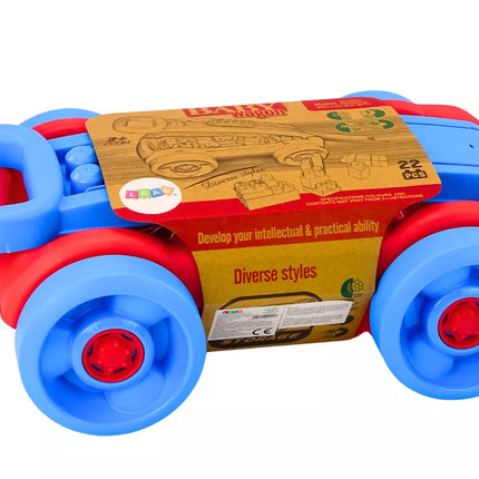 Kaladėlių rinkinys mėlyname ir raudoname vežimėlyje