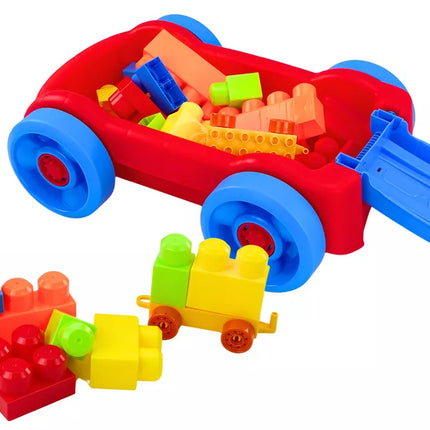 Kaladėlių rinkinys mėlyname ir raudoname vežimėlyje