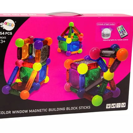 Magnetinių kaladėlių rinkinys su apšvietimu, 54 elementai