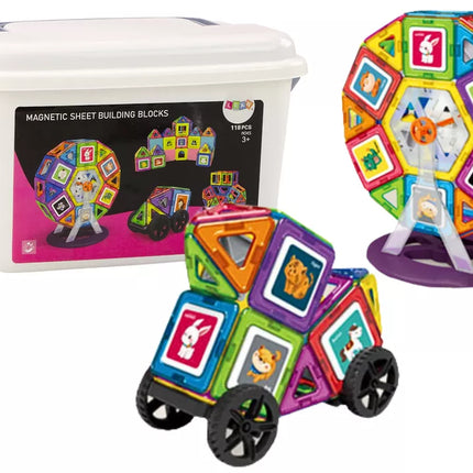 Magnetinių kaladėlių rinkinys dėkle "Malūno ratas, pastatai" 118 elementų