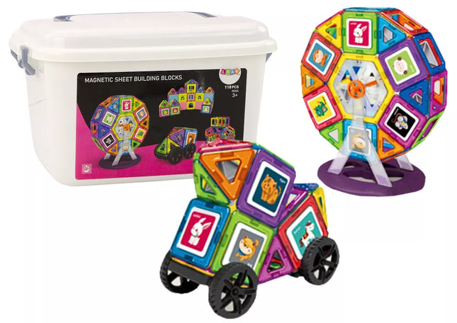 Magnetinių kaladėlių rinkinys dėkle "Malūno ratas, pastatai" 118 elementų