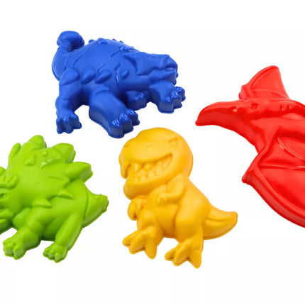 Smėlio kibirėlių rinkinys su dušo laistytuvu ir formelių dinozaurų rinkiniu