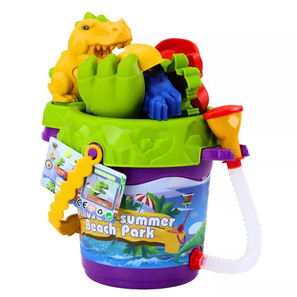 Smėlio kibirėlių rinkinys su dušo laistytuvu ir formelių dinozaurų rinkiniu