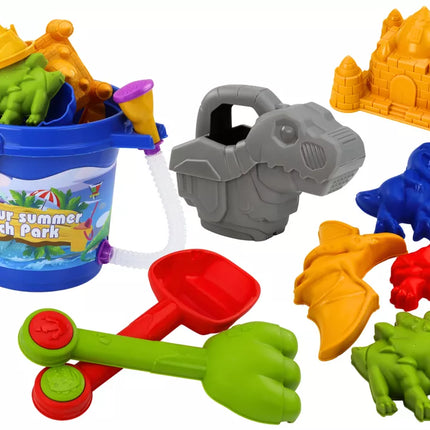Smėlio kibirėlių rinkinys su dušu, mentele, grėbliu, formelėmis, dinozaurais