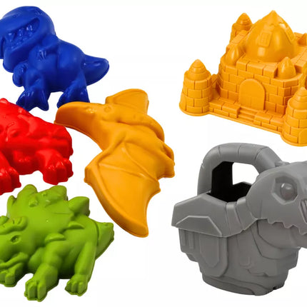 Smėlio kibirėlių rinkinys su dušu, mentele, grėbliu, formelėmis, dinozaurais