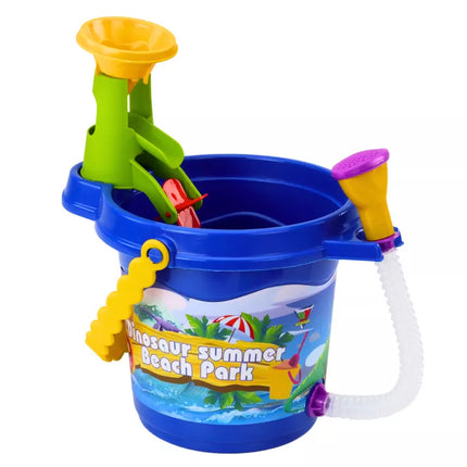 Smėlio kibirėlių rinkinys su dušu, mentele, grėbliu, formelėmis, dinozaurais