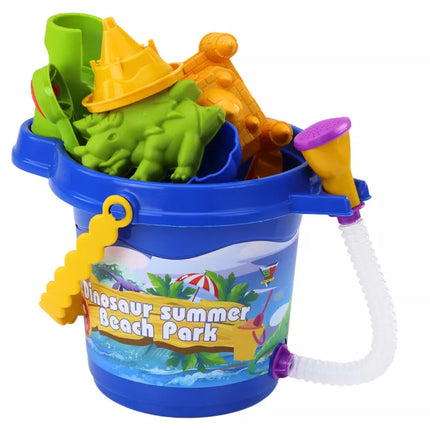 Smėlio kibirėlių rinkinys su dušu, mentele, grėbliu, formelėmis, dinozaurais