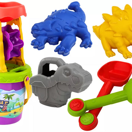 Dinozaurų smėlio rinkinys, malūnėlis, piltuvėlis, mentelė, grėblys, laistytuvas, formelės