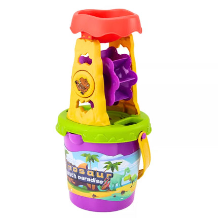 Dinozaurų smėlio rinkinys, malūnėlis, piltuvėlis, mentelė, grėblys, laistytuvas, formelės