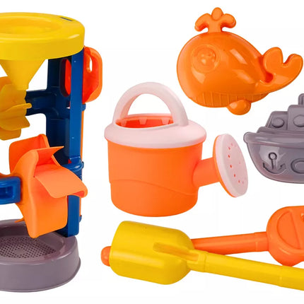 Smėlio žaislai, didelis malūnėlis, mentelė, grėblys, laistytuvas, formelės